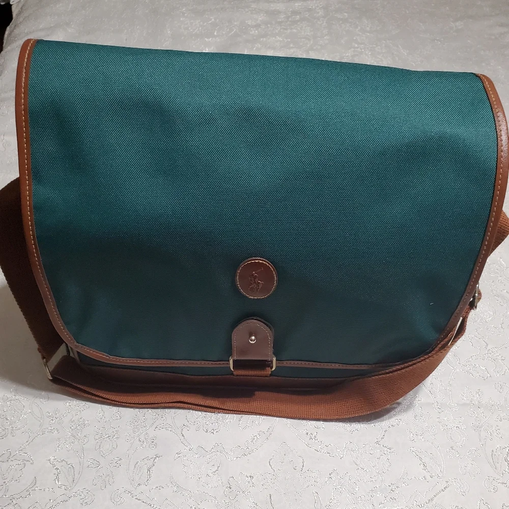 VINTAGE RALPH LAUREN GREEN CANVAS TRAVEL CROSS BODY SHOULDER COMPUTER BAG
